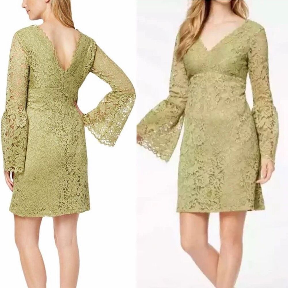 Betsey Johnson Olive Lace‎ Bell Sleeve V-Neck Cocktail Dress Size 10